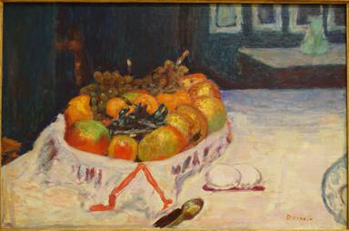 ANCIEN TABLEAU HUILE sur panneau nature morte fruits raisins peche